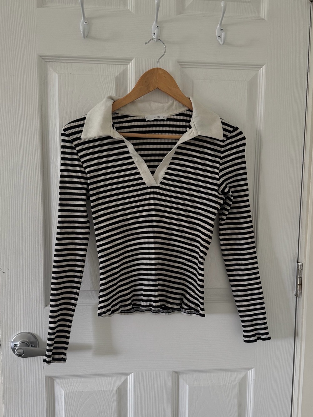 Mango Black & White Striped Long Sleeve Polo Top
